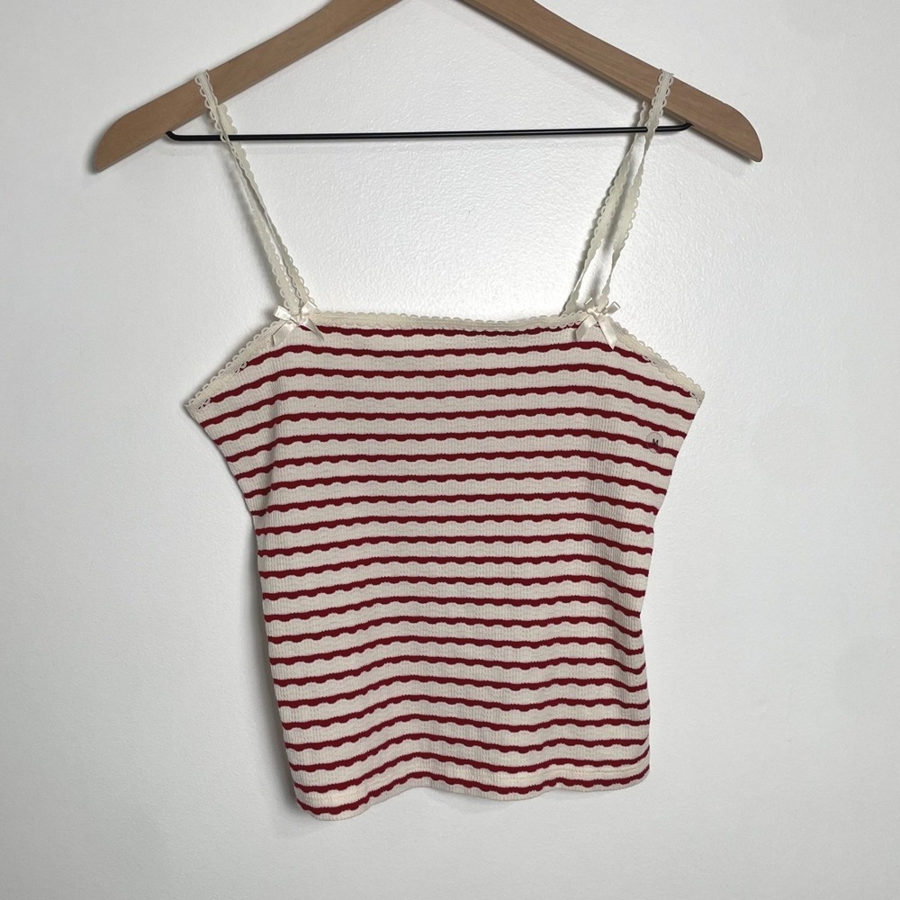 American Eagle Cami Tank Top Womens M Red White Striped Lace Trim Bow Ribbed Y2K